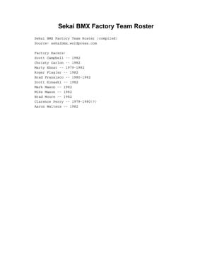 Sekai BMX Factory Team Roster (Reference List)