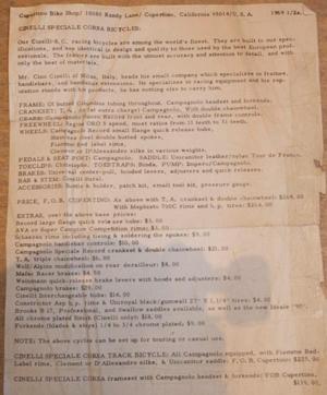 Cupertino Bike Shop 1969 Cinelli Price List